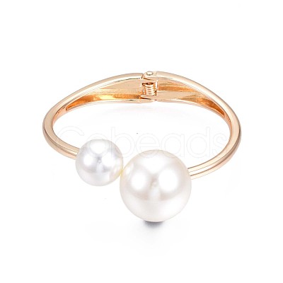 ABS Plastic Pearl Round Beaded Open Cuff Bangle BJEW-S118-105G-1