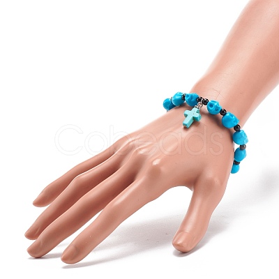 Natural Mashan Jade Skull Beaded Stretch Bracelet with Synthetic Turquoise(Dyed) Cross Charm BJEW-JB08378-04-1