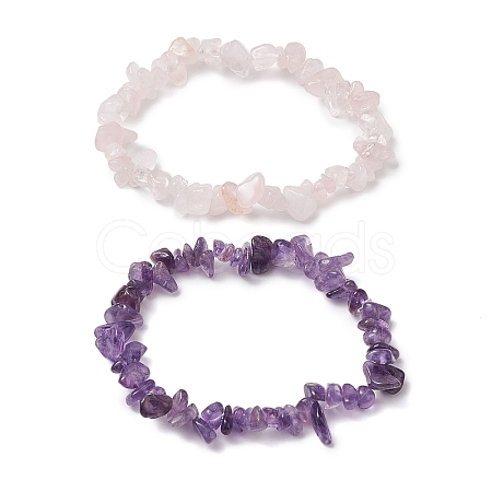 2Pcs 2 Style Natural Rose Quartz & Amethyst Chips Beaded Stretch Bracelets Set BJEW-JB11088-1