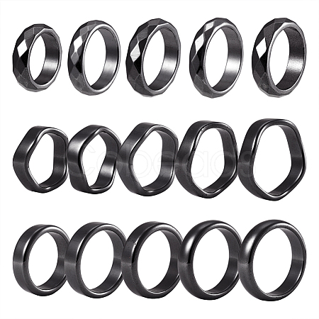Biyun 15Pcs 15 Styles Synthetic Hematite Plain Band Finger Rings RJEW-BY0001-01-1