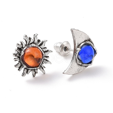 Resin Beaded Sun & Moon Asymmetrical Earrings EJEW-B015-01-1