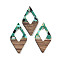 Walnut Wood Pendants, Resin and Gold foil, Rhombus, Dark Cyan, 47.5x25.5x3.5mm, Hole: 2mm