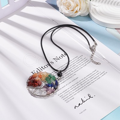 Natural Mixed Gemstone Chips Braided Tree of Life Pendant Necklaces NJEW-JN03886-02-1