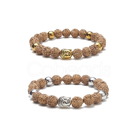 2Pcs 2 Color Natural Wood & Synthetic Hematite & Alloy Buddhist Head Beaded Stretch Bracelets Set for Women BJEW-JB09154-1