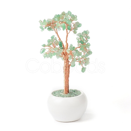 Natural Green Aventurine Chips with Brass Wrapped Wire Money Tree on Ceramic Vase Display Decorations DJEW-B007-02A-1