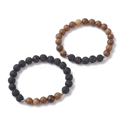 Natural Lava Rock & Wooden Round Beaded Stretch Bracelet BJEW-JB10075-01-1