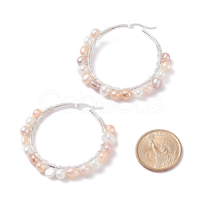 Natural Pearl Wire Wrapped Beaded Hoop Earrings for Women EJEW-JE04759-04-1