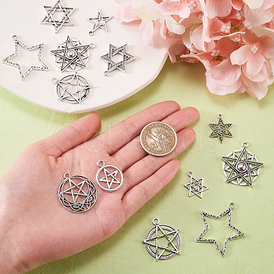 100Pcs 10 Styles Tibetan Style Alloy Pentacle Pendants TIBEP-CJ0001-60-1