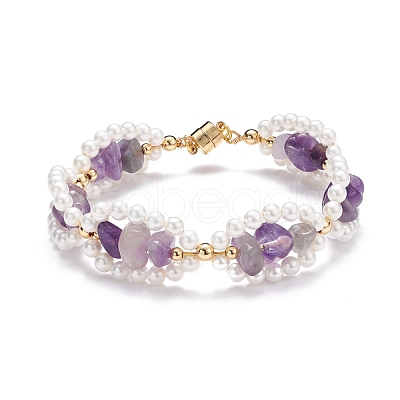 Natural Amethyst Chip & Shell Pearl Beaded Bracelet BJEW-TA00029-01-1