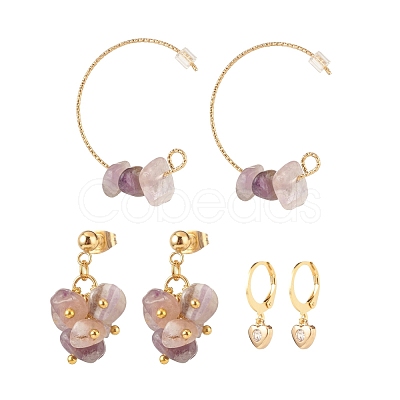 3 Pairs 3 Style Natural Amethyst Chips Beaded Cluster Dangle Stud & Leverback Earrings EJEW-JE04895-04-1