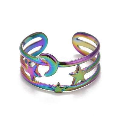 Rainbow Color Ion Plating(IP) 304 Stainless Steel Star and Moon Open Cuff Ring for Women RJEW-A005-26MC-1