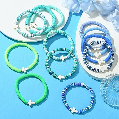 12Pcs 12 Colors Polymer Clay Disc Beaded Stretch Bracelet Sets BJEW-JB10736-1