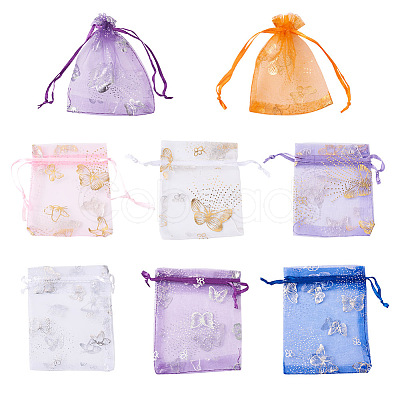 Kissitty 100Pcs 2 Style Gold Stamping Butterfly Rectangle Organza Gift Bags OP-KS0001-01-1