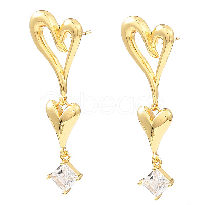 Rack Plating Brass Heart Dangle Stud Earrings with Cubic Zirconia EJEW-L261-009G-1