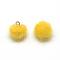 Faux Mink Fur Covered Charms, with Golden Tone Brass Findings, Round, Yellow, 12~14x10mm, Hole: 1.5mm