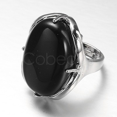 Adjustable Oval Brass Natural Dyed & Heated Black Agate Wide Band Rings RJEW-L062-03O-1