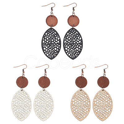 ANATTASOUL 3 Pairs 3 Colors Wood Hollow Oval Dangle Earrings with 304 Stainless Steel Pins for Women EJEW-AN0004-83-1