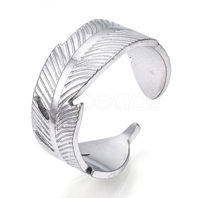 Non-Tarnish 304 Stainless Steel Feather Open Cuff Ring for Women RJEW-N040-30-1