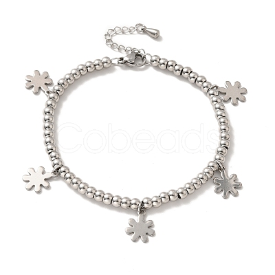 Tarnish Resistant 304 Stainless Steel Snowflake Charm Bracelet with 201 Stainless Steel Round Beads for Women BJEW-B057-19P-1