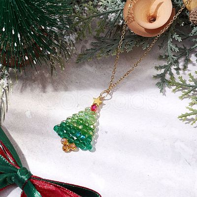 Glass Christmas Tree Pendant Necklaces NJEW-JN05078-1