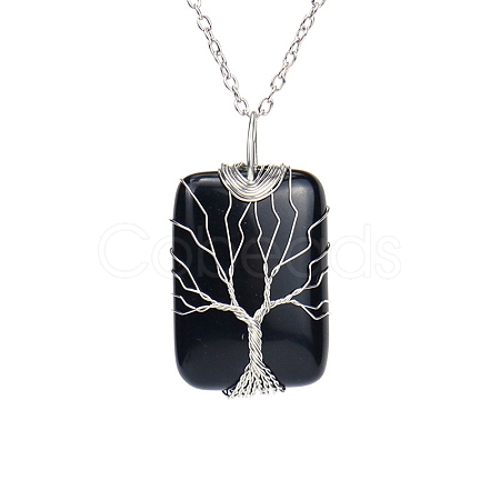 Natural Obsidian Pendant Necklace with Brass Cable Chains PW23042508161-1