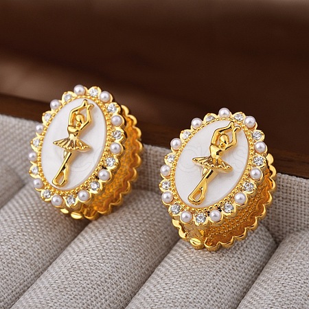 Oval with Ballerina Girl Brass Micro Pave Clear Cubic Zirconia Hoop Earrings for Women EJEW-Q391-36G-1