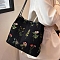 Flower Printed Polyester Women's Tote Bags, Shoulder Bags Bucket Bags, Rectangle, Black, 280x230x110mm