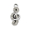 Alloy Rhinestone Pendants, UV Plated, Musical Note, Platinum, 18x7.5x3mm, Hole: 1.8mm