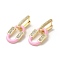 Oval Real 18K Gold Plated Brass Dangle Hoop Earrings, with Cubic Zirconia and Enamel, Pearl Pink, 32.5x15mm