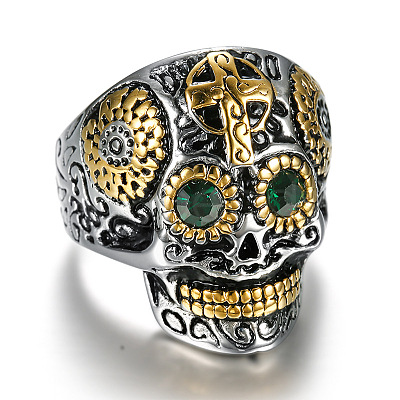 Two Tone 316 Surgical Stainless Steel Skull with Cross Finger Ring SKUL-PW0002-033F-GP-1