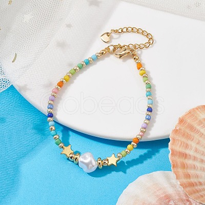 Plastic Imitation Pearl & 201 Stainless Steel Star & Seed Beaded Bracelet BJEW-JB10118-02-1