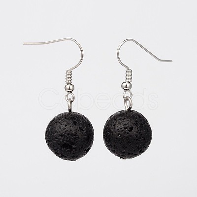 Natural Lava Rock Gemstone Round Dangle Earrings EJEW-JE01688-1