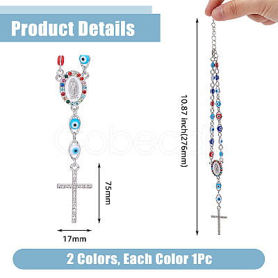 DICOSMETIC 2Pcs 2 Colors Alloy Rhinestone Cross Charm Bracleet with Colorful Resin Evil Eye Beaded Chains BJEW-DC0001-07-1