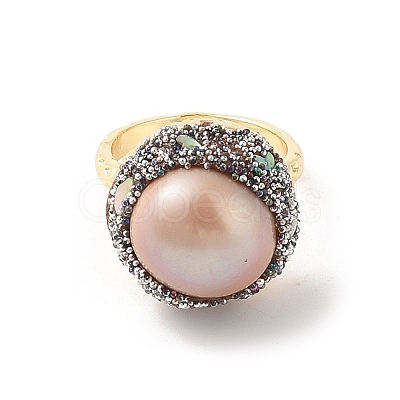 Round Natural Abalone Shell & Freshwater Pearls Finger Ring RJEW-C090-03G-1