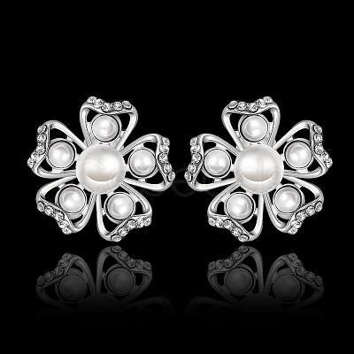 Pretty Flower Tin Alloy Rhinestone Imitation Pearl Stud Earrings BB08813-P-1