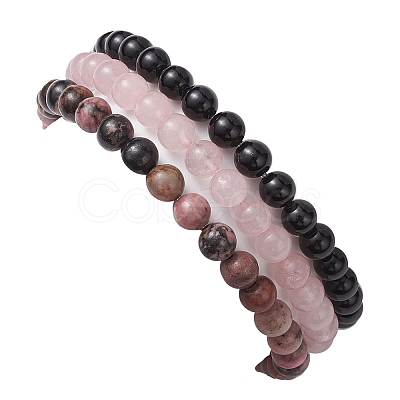 3Pcs 3 Style Natural Mixed Stone Round Beaded Stretch Bracelets BJEW-JB10178-01-1