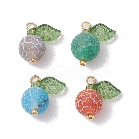 4pcs 4 Colors Natural Dyed Crackle Agate Round Fruit Charms with Acrylic Leaf PALLOY-TA00124-1