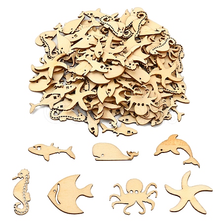 100Pcs Sea Theme Wood Canochons WOOD-CJ0001-61-1