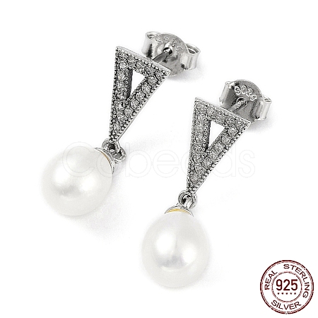 Cubic Zirconia Triangle with Natural Pearl Dangle Stud Earrings EJEW-F318-05P-1