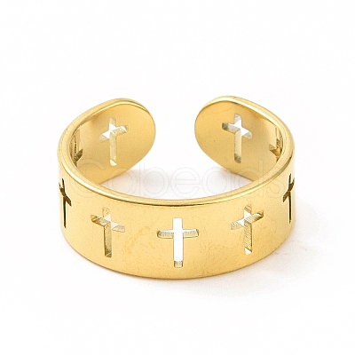 Ion Plating(IP) 304 Stainless Steel Hollow Out Cross Open Cuff Ring for Women RJEW-C053-02G-1