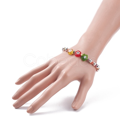 Flower with Evil Eye Glass & Iron Beaded Stretch Bracelet for Women BJEW-JB08076-1