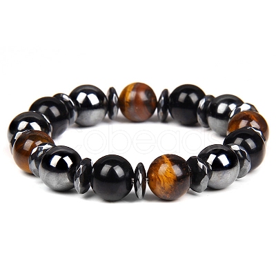 Non-magnetic Synthetic Hematite and Natural Tiger Eye Beaded Stretch Bracelets for Men PW-WG779D8-04-1