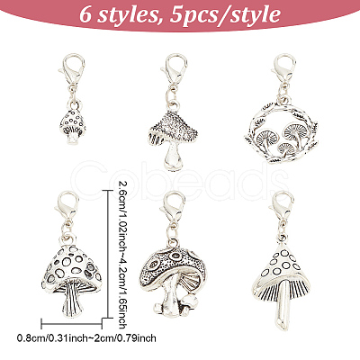 30Pcs 6 Styles Tibetan Style Alloy Mushroom Pendant Decoration HJEW-AB00465-1