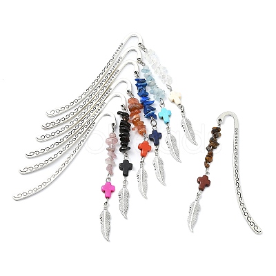 7Pcs 7 Styles Cross Dyed Synthetic Turquoise & Alloy Feather Charm Bookmarks AJEW-JK00350-1