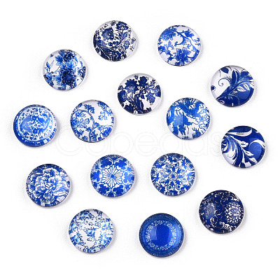 Blue and White Floral Printed Glass Flatback Cabochons X-GGLA-A002-12mm-XX-1