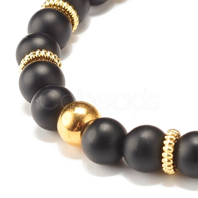 Round Synthetic Black Stone Beaded Stretch Bracelet with Crown for Women BJEW-JB07530-03-1