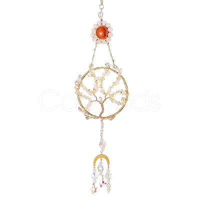 Flat Round with Tree of Life Copper Wire Wrapped Natural Citrine Chip Pendant Decorations AJEW-Q143-10-1