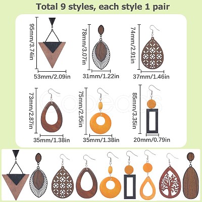 SUNNYCLUE 9 Pair 9 Style Teardrop & Rectangle & Triangle Natural Wood Dangle Earrings Set EJEW-SC0001-35-1