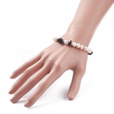 Natural Obsidian & Pearl Beaded Bracelet with Alloy Enamel Heart Charms BJEW-JB08039-06-1