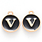 Golden Plated Alloy Charms, Cadmium Free & Lead Free, with Enamel, Enamelled Sequins, Flat Round with Letter, Black, Letter.V, 14x12x2mm, Hole: 1.5mm